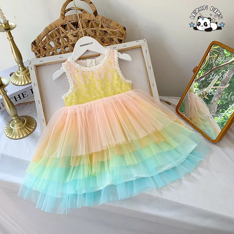 LEZONKIDS - OEM Girls Mesh Rainbow Tutu Dress Kids Sequin Mesh Party Dress Evening Party Princess Dress for Kids